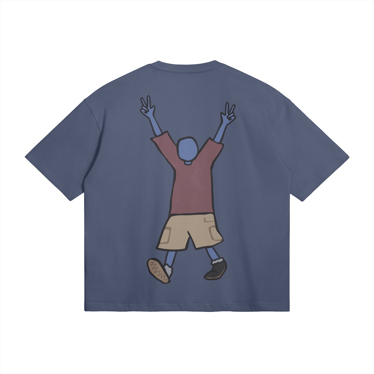Blue tee with peace sign figure graphic, back view